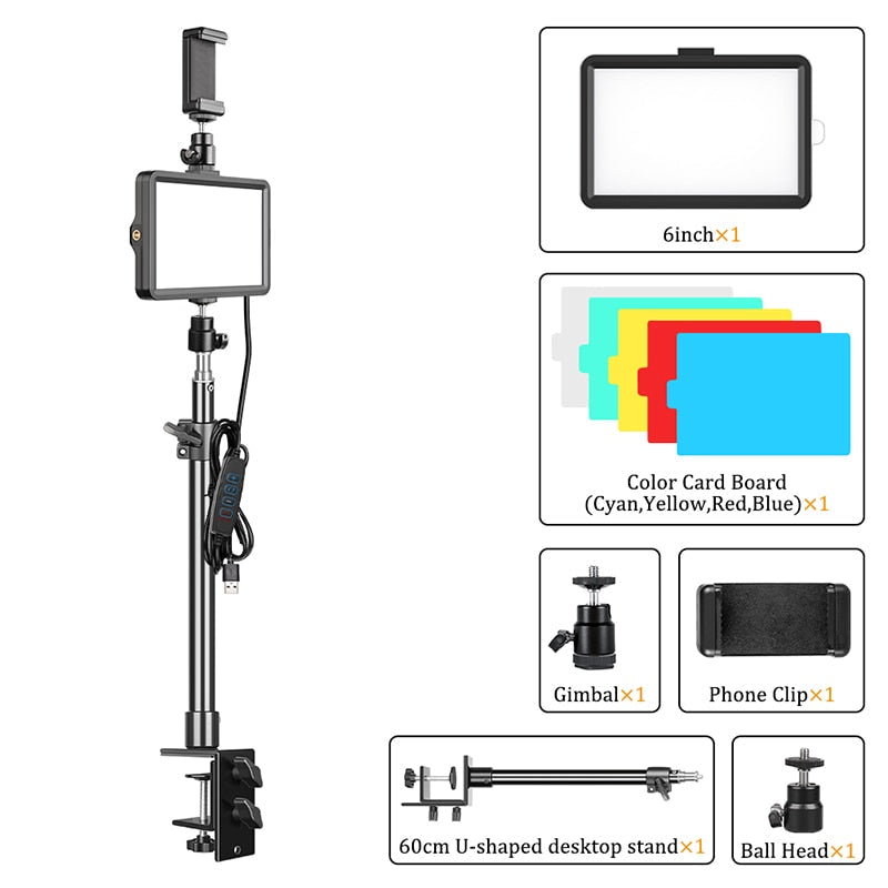 LED Video Light Photography Selfie Dimmable Panel Lighting Photo Studio Live Stream Fill Lamp Three Color With Tripod Stand