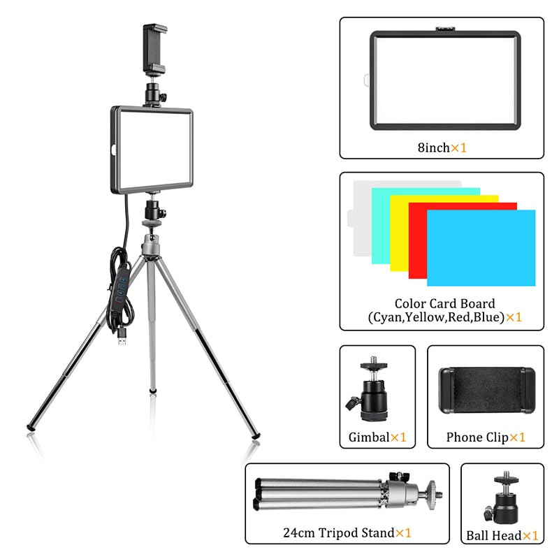 LED Video Light Photography Selfie Dimmable Panel Lighting Photo Studio Live Stream Fill Lamp Three Color With Tripod Stand