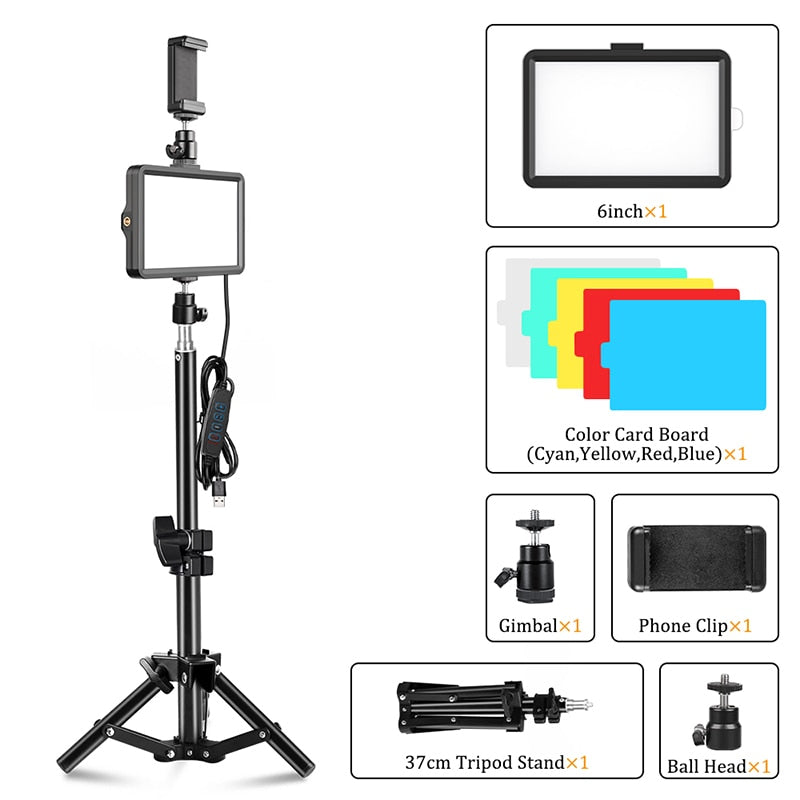 LED Video Light Photography Selfie Dimmable Panel Lighting Photo Studio Live Stream Fill Lamp Three Color With Tripod Stand