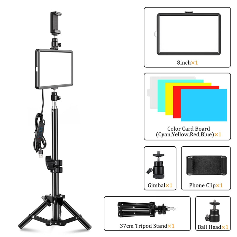 LED Video Light Photography Selfie Dimmable Panel Lighting Photo Studio Live Stream Fill Lamp Three Color With Tripod Stand