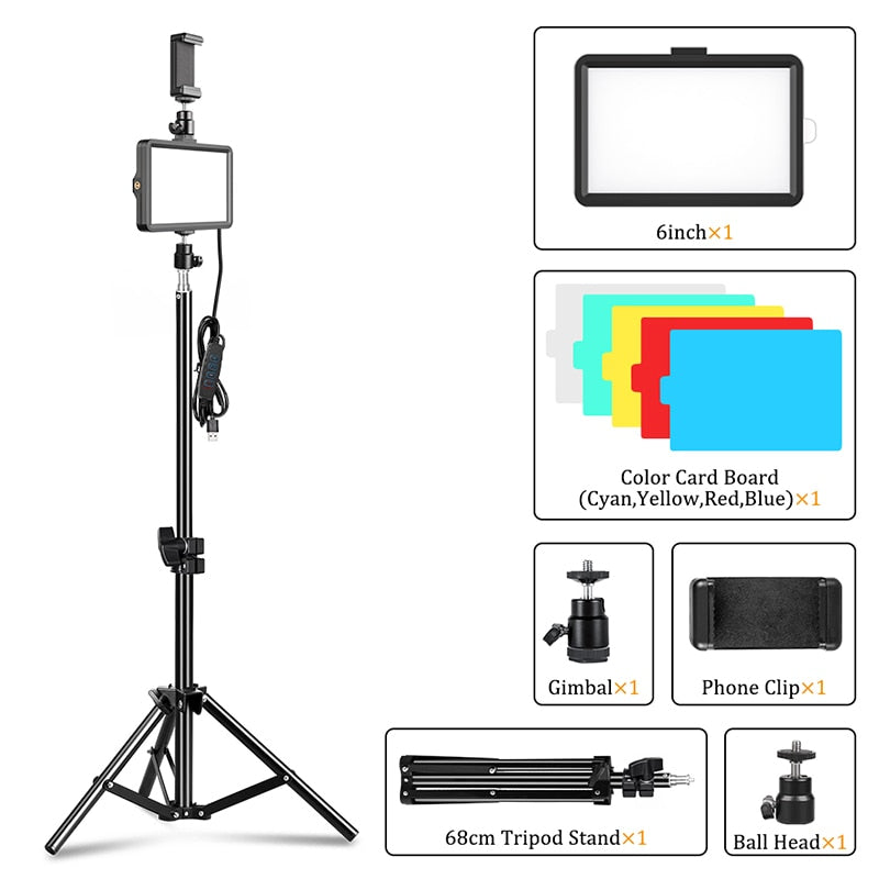 LED Video Light Photography Selfie Dimmable Panel Lighting Photo Studio Live Stream Fill Lamp Three Color With Tripod Stand