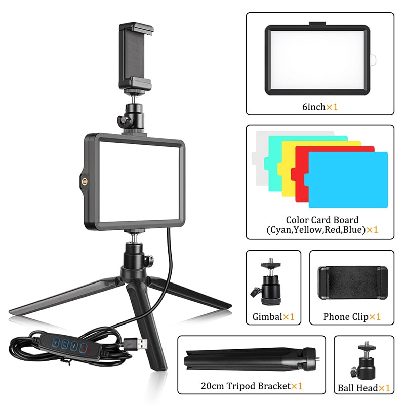 LED Video Light Photography Selfie Dimmable Panel Lighting Photo Studio Live Stream Fill Lamp Three Color With Tripod Stand