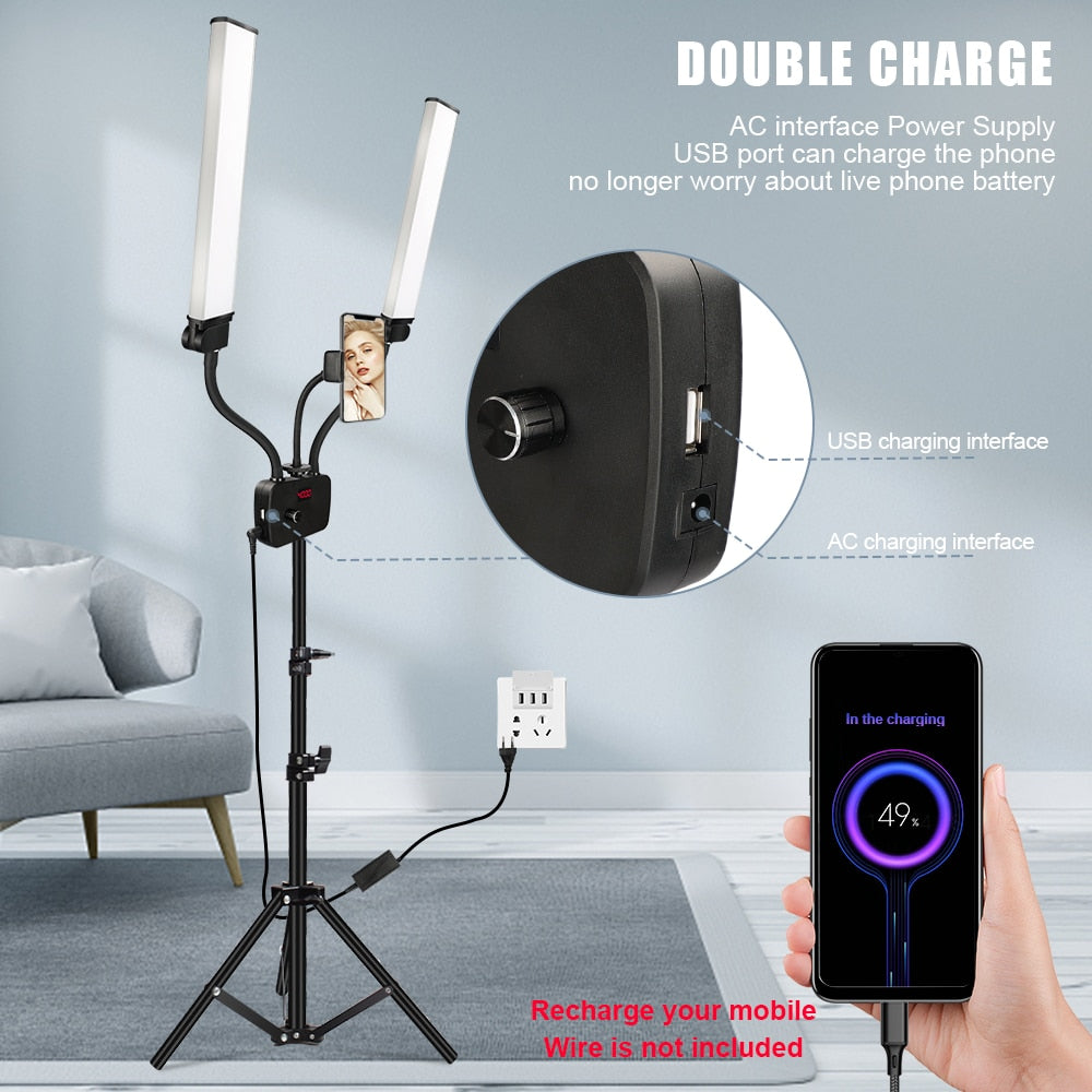 Double Arms LED Fill Light Photo Studio Long Strips LED Ring Lamp with Tripod LCD Screen 3200-5600K Photographic Selfie Lighting