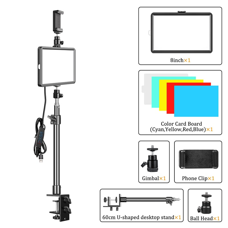 LED Video Light Photography Selfie Dimmable Panel Lighting Photo Studio Live Stream Fill Lamp Three Color With Tripod Stand