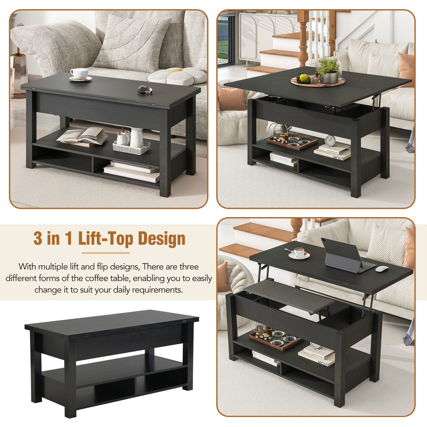 [VIDEO provided] ON-TREND Lift Top Coffee Table, Multi-Functional Coffee Table with Open Shelves, Modern Lift Tabletop Dining Table for Living Room, Home Office, Black