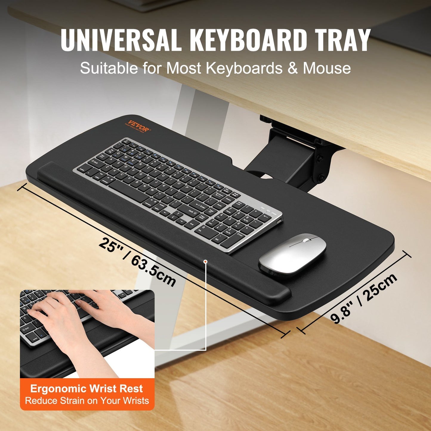 VEVOR Keyboard Tray Under Desk, Height and Angle Adjustable Ergonomic Keyboard/Mouse Tray Under Desk, Large 25x9.8 inch Slide-out Computer Drawer for Typing in Home, Office Work