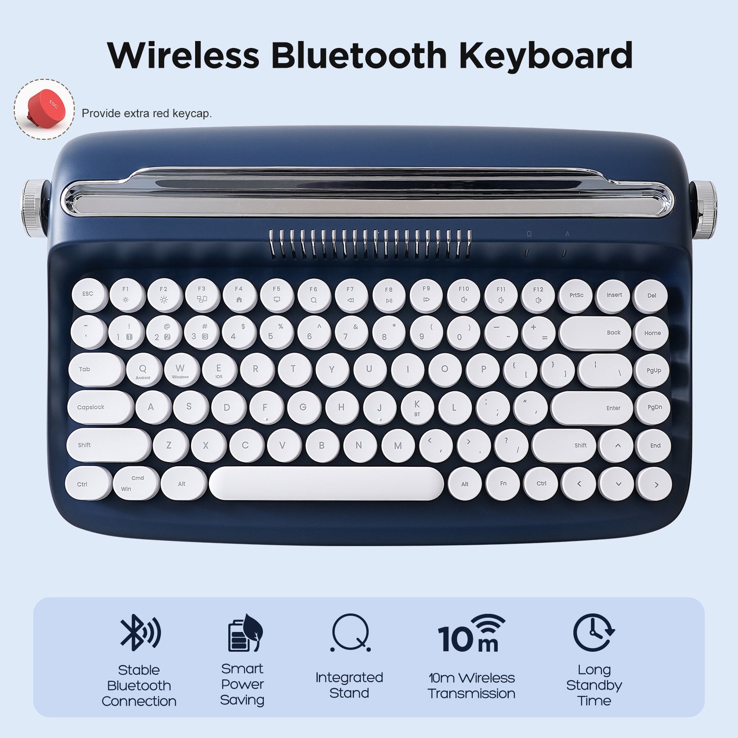 YUNZII ACTTO B303 Wireless Keyboard, Retro Bluetooth Aesthetic Typewriter Style Keyboard with Integrated Stand for Multi-Device