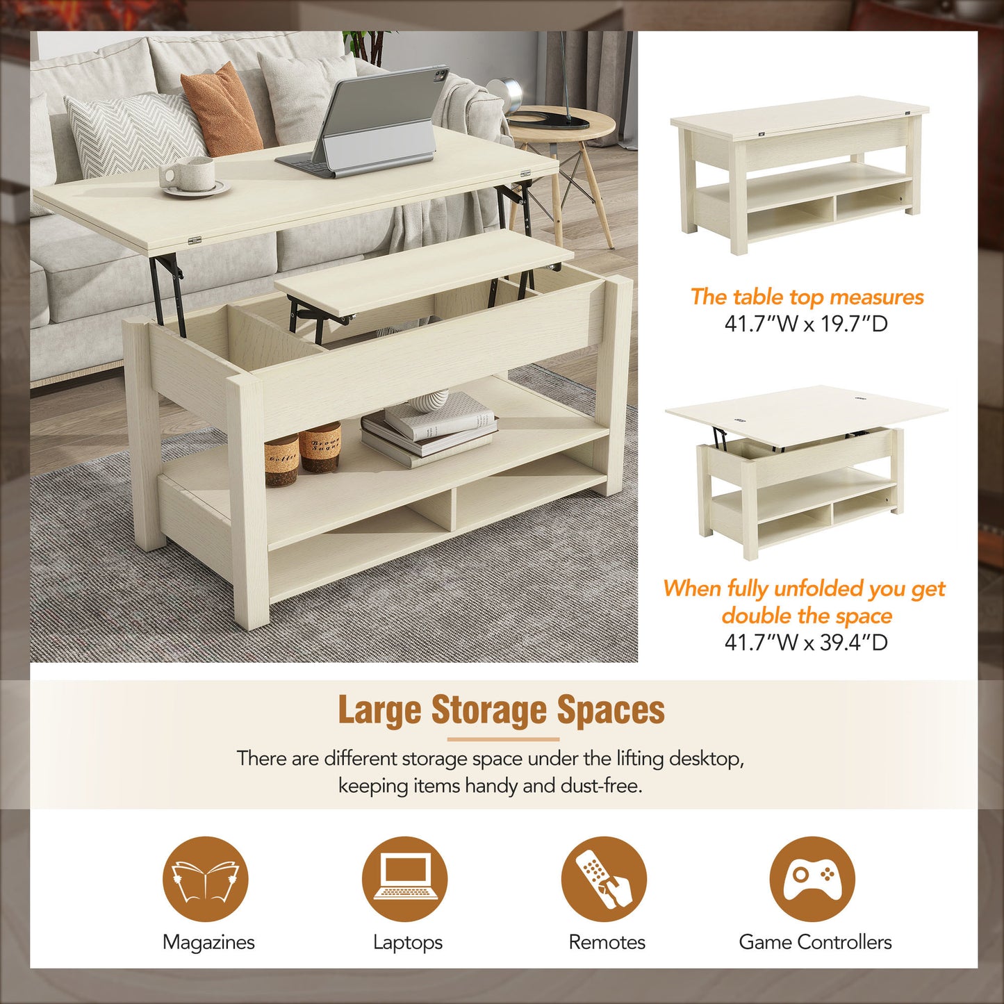 [VIDEO provided] ON-TREND Lift Top Coffee Table, Multi-Functional Coffee Table with Open Shelves, Modern Lift Tabletop Dining Table for Living Room, Home Office, Rustic Ivory