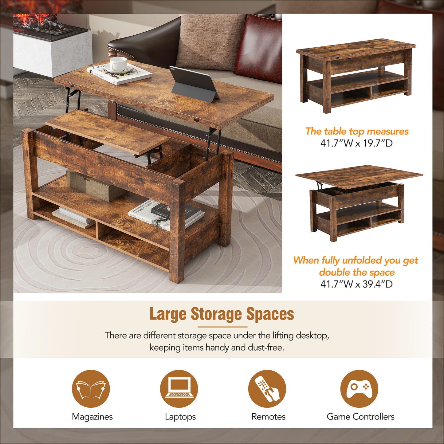 [VIDEO provided] ON-TREND Lift Top Coffee Table, Multi-Functional Coffee Table with Open Shelves, Modern Lift Tabletop Dining Table for Living Room, Home Office, Rustic Brown