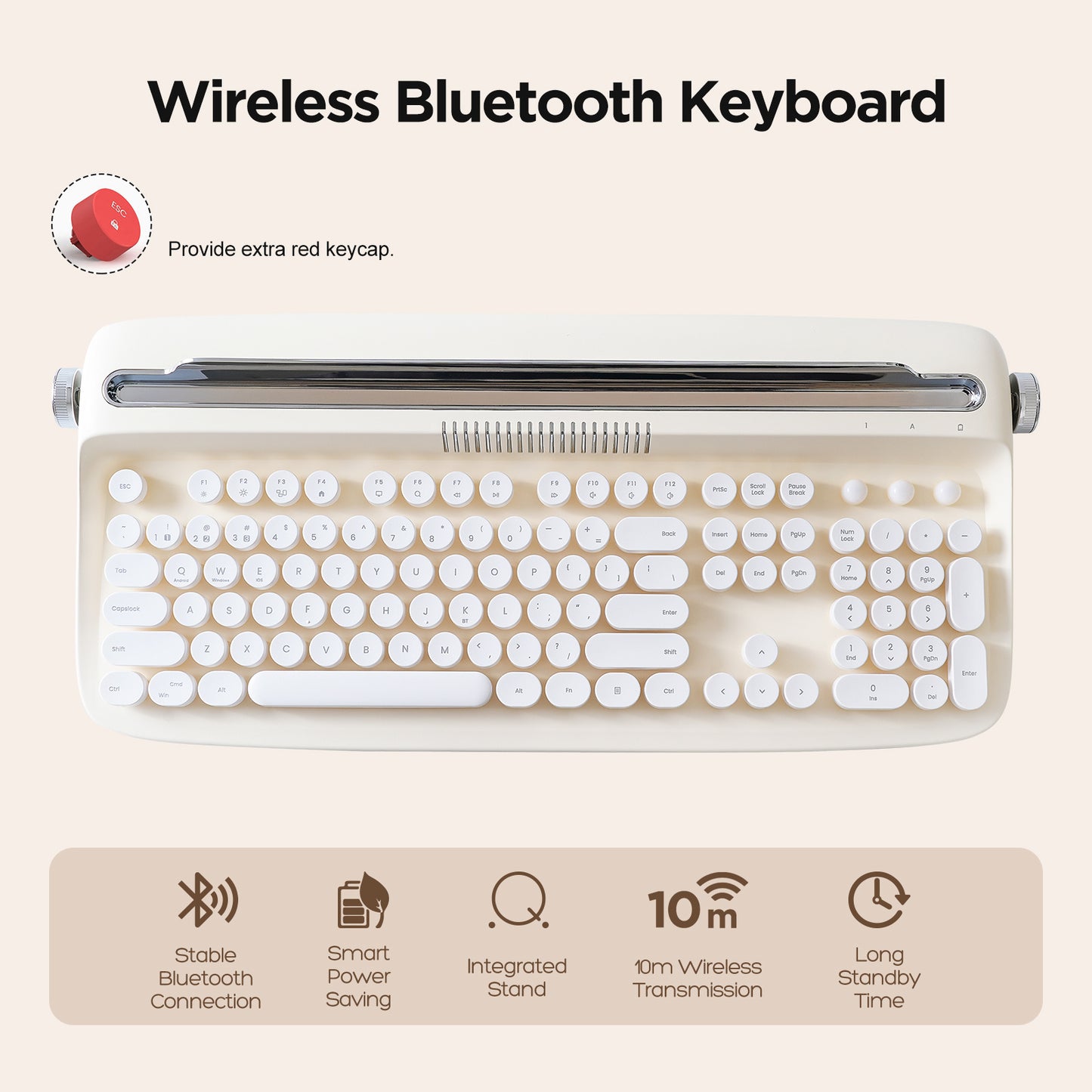 YUNZII ACTTO B503 Wireless Typewriter Keyboard, Retro Bluetooth Aesthetic Keyboard with Integrated Stand for Multi-Device