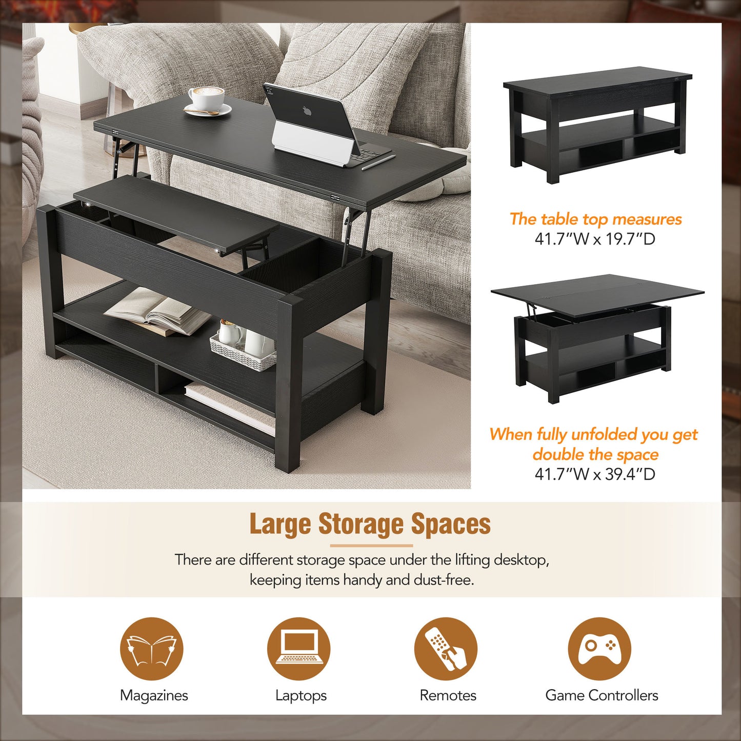 [VIDEO provided] ON-TREND Lift Top Coffee Table, Multi-Functional Coffee Table with Open Shelves, Modern Lift Tabletop Dining Table for Living Room, Home Office, Black