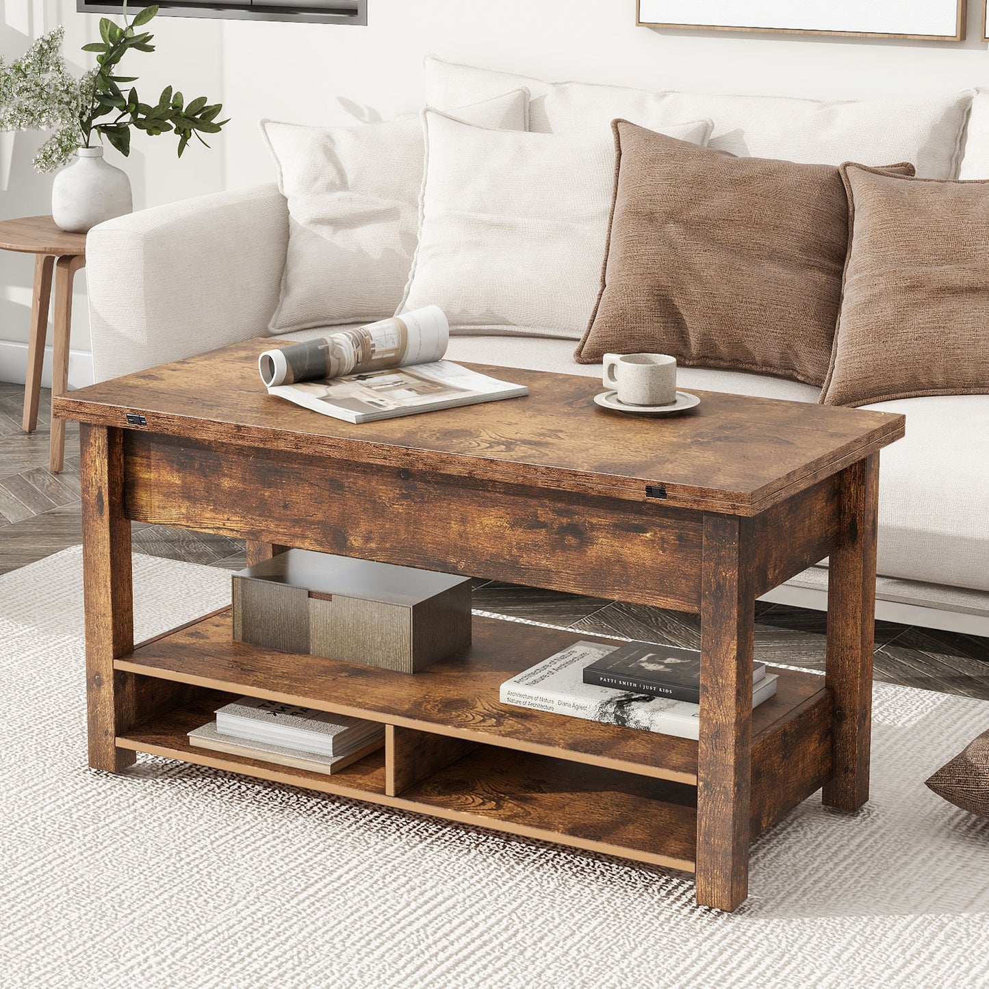 [VIDEO provided] ON-TREND Lift Top Coffee Table, Multi-Functional Coffee Table with Open Shelves, Modern Lift Tabletop Dining Table for Living Room, Home Office, Rustic Brown