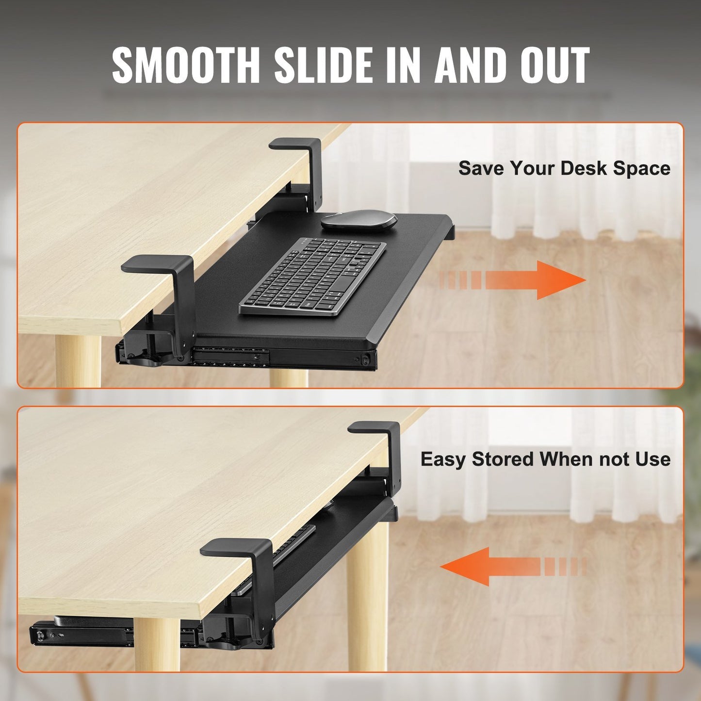 VEVOR Keyboard Tray Under Desk, Pull out Keyboard/Mouse Tray Under Desk with Sturdy No-drill C Clamp Mount, Large 26.8 x 11 inch Slide-out Computer Drawer for Typing in Home, Office Work