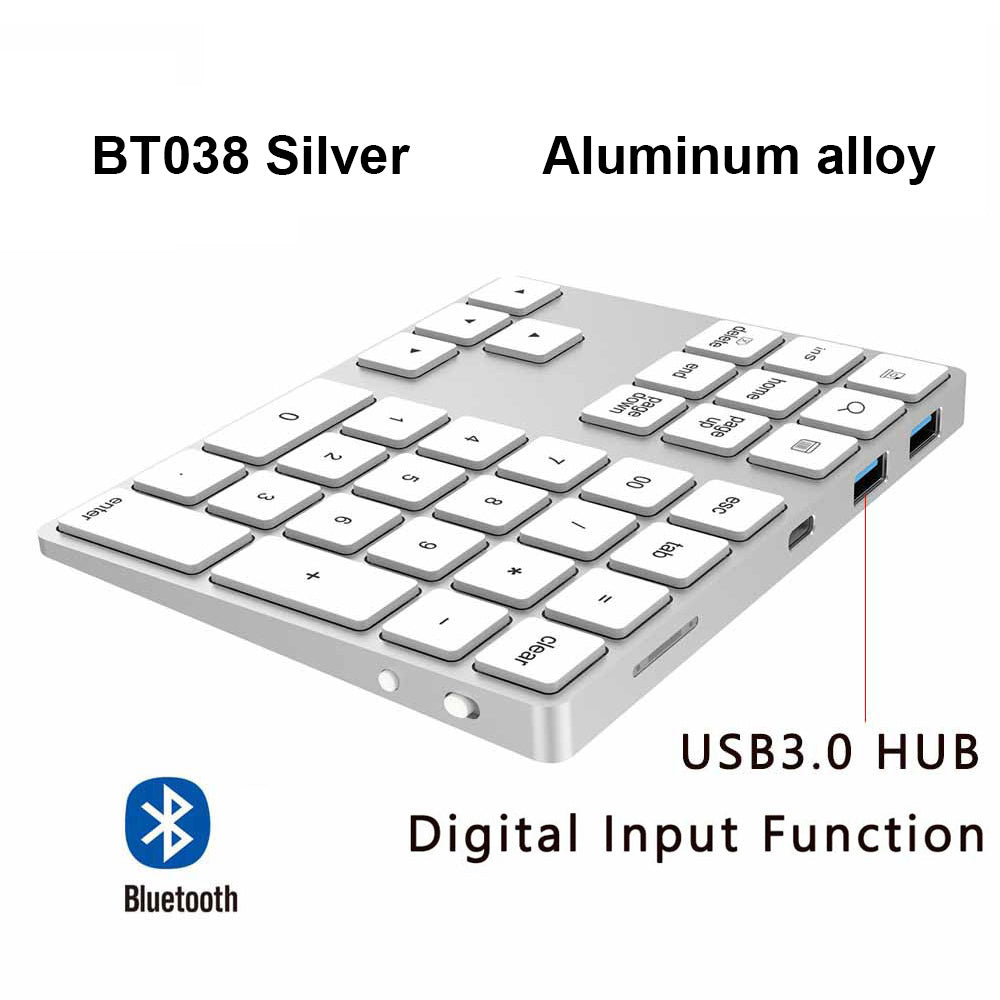 Aluminum Alloy Bluetooth Wireless Numeric Keypad with USB HUB Digital Input Function for Windows; Mac OS; Android laptop PC