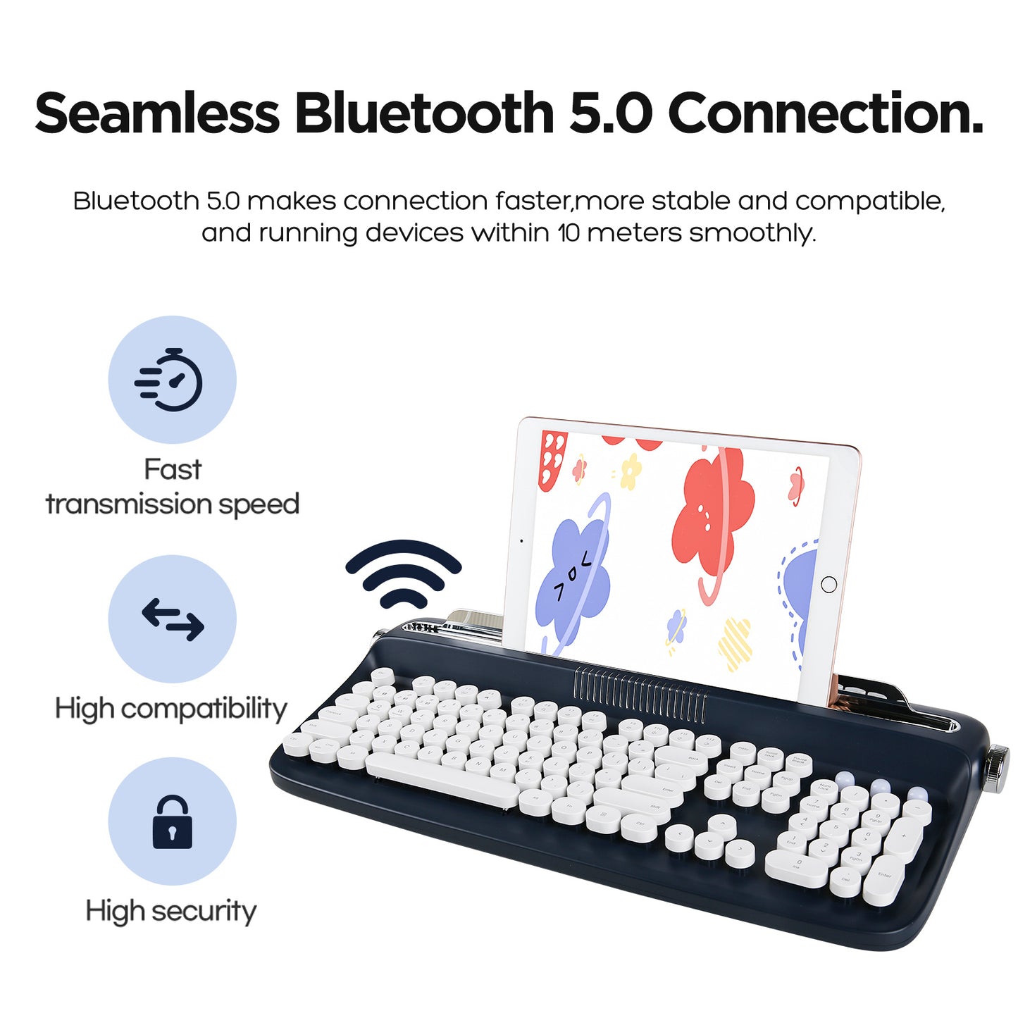 YUNZII ACTTO B503 Wireless Typewriter Keyboard, Retro Bluetooth Aesthetic Keyboard with Integrated Stand for Multi-Device