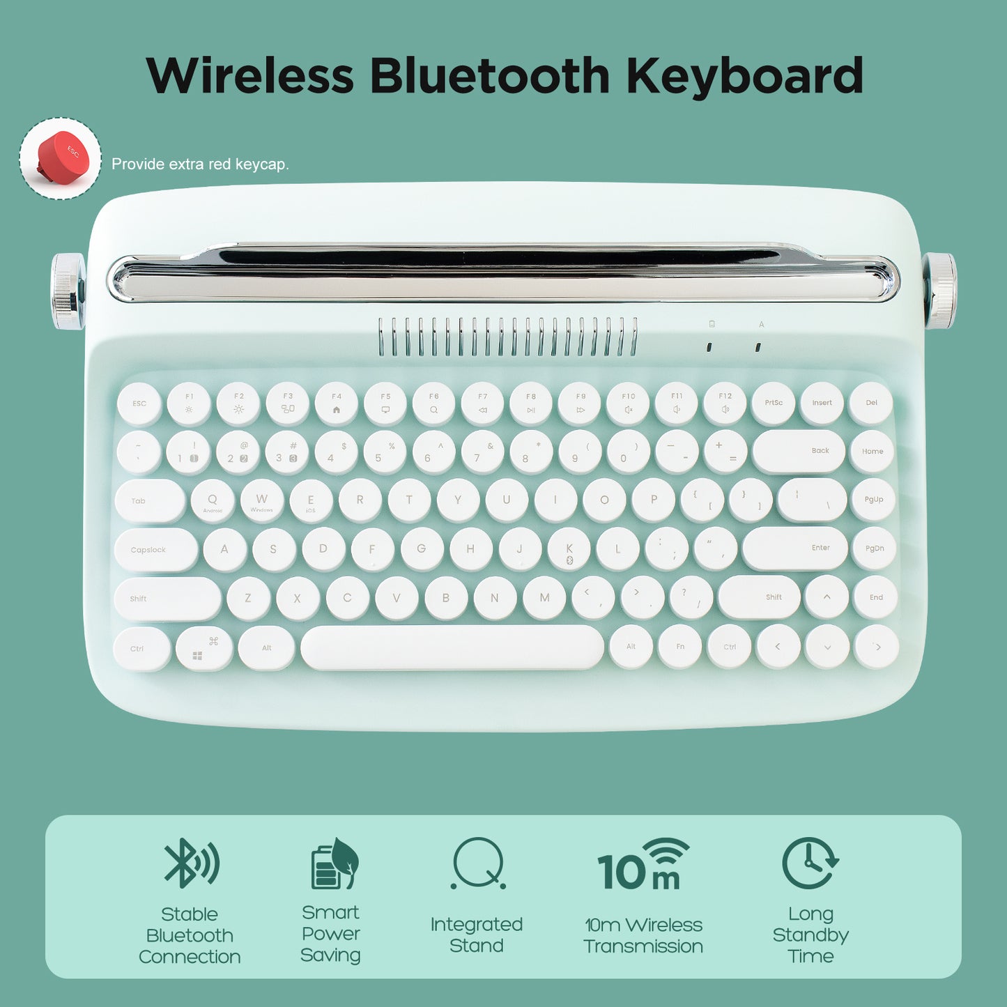 YUNZII ACTTO B303 Wireless Keyboard, Retro Bluetooth Aesthetic Typewriter Style Keyboard with Integrated Stand for Multi-Device