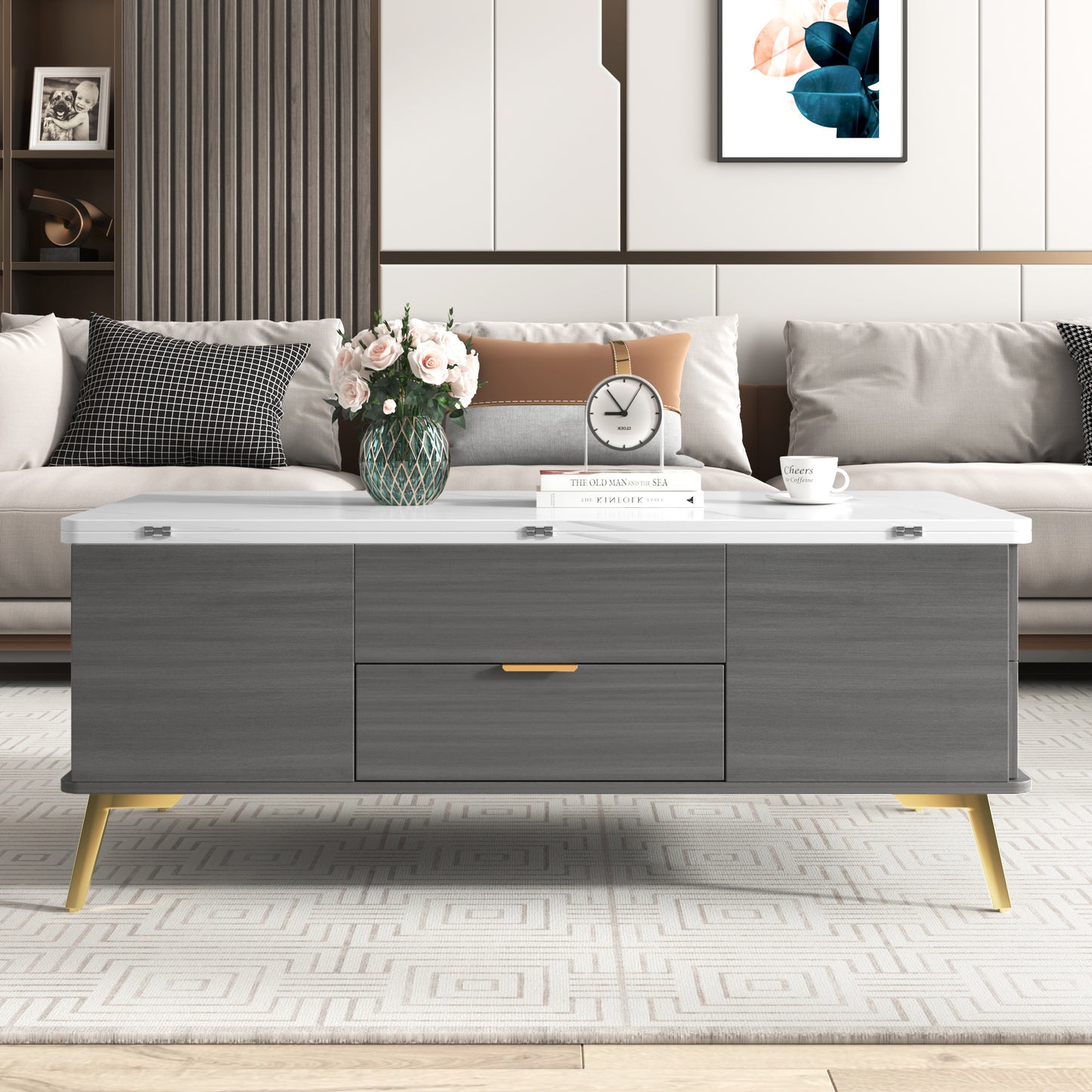 Modern Lift Top Coffee Table Multi Functional Table with Drawers in Gray & White