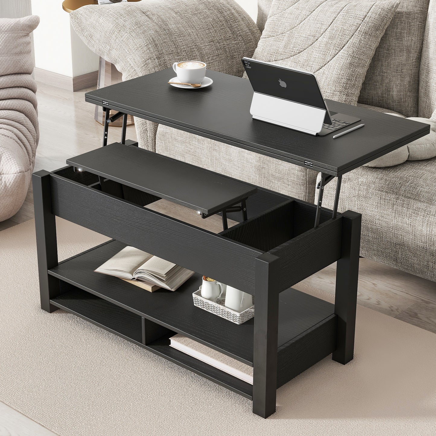 [VIDEO provided] ON-TREND Lift Top Coffee Table, Multi-Functional Coffee Table with Open Shelves, Modern Lift Tabletop Dining Table for Living Room, Home Office, Black