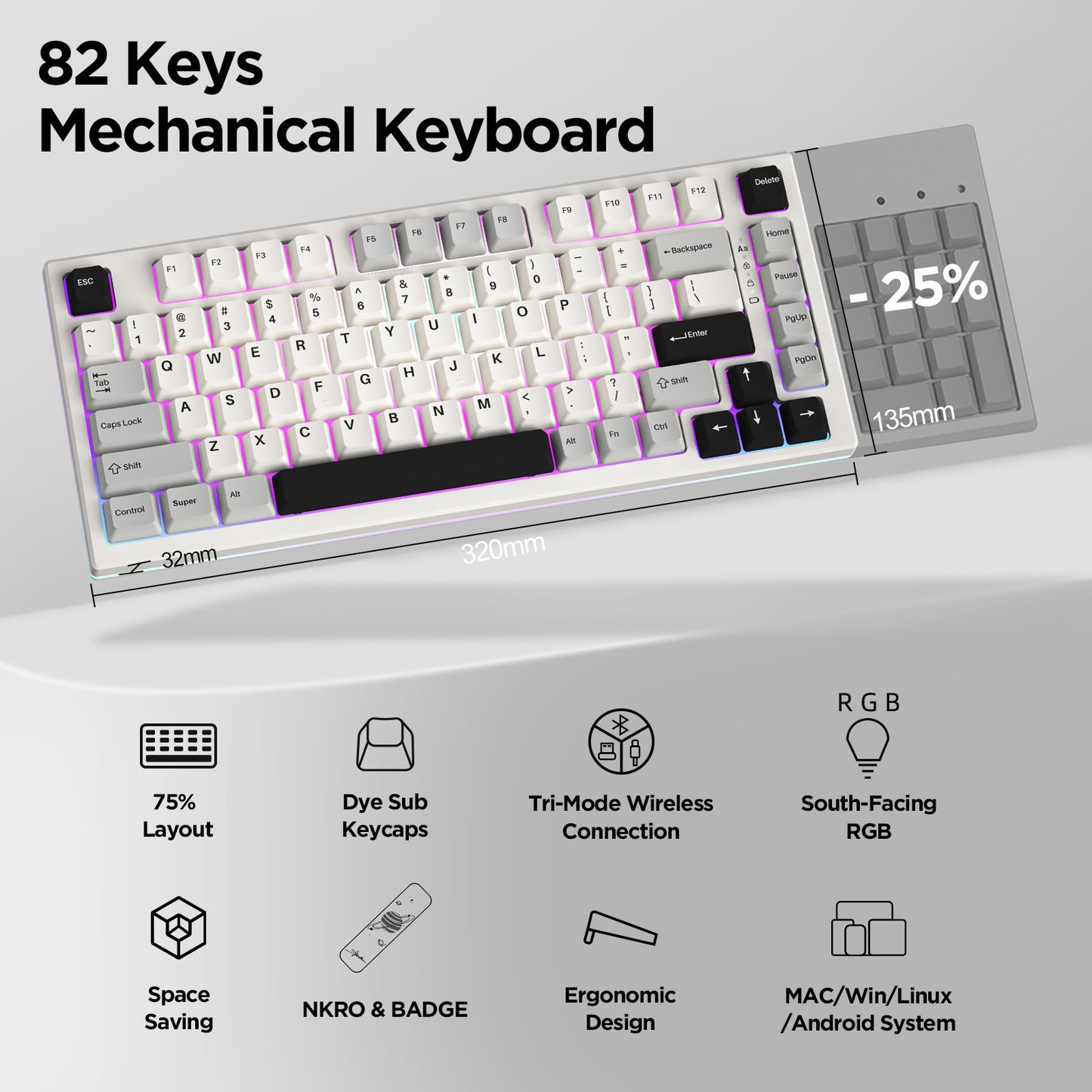 YUNZII YZ75 75% Hot Swappable Wireless Gaming Mechanical Keyboard, RGB Backlights, BT5.0/2.4G/USB-C, Dye Sub PBT Keycaps for Linux/Win/Mac