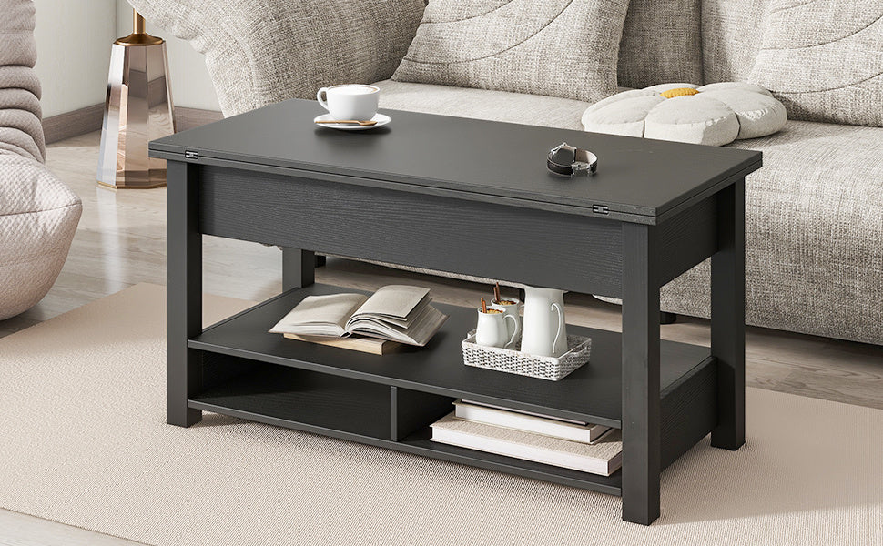 [VIDEO provided] ON-TREND Lift Top Coffee Table, Multi-Functional Coffee Table with Open Shelves, Modern Lift Tabletop Dining Table for Living Room, Home Office, Black