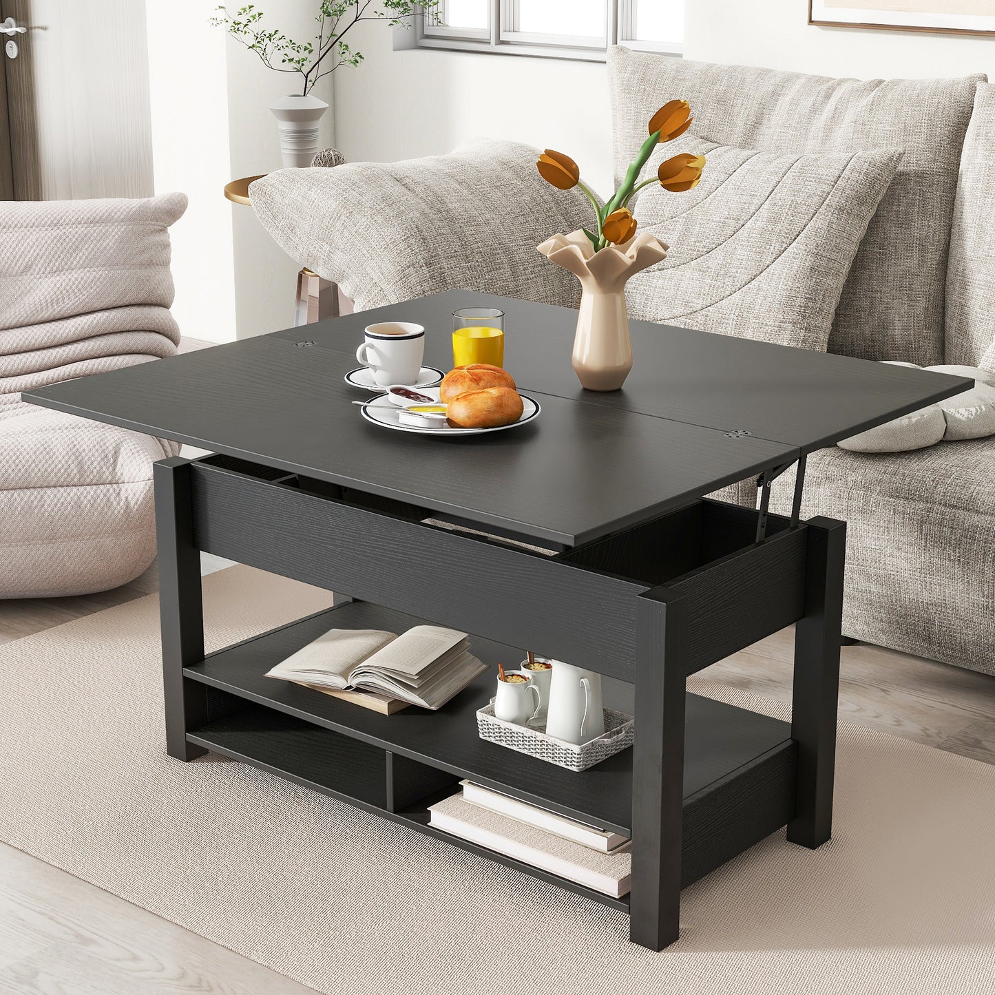 [VIDEO provided] ON-TREND Lift Top Coffee Table, Multi-Functional Coffee Table with Open Shelves, Modern Lift Tabletop Dining Table for Living Room, Home Office, Black