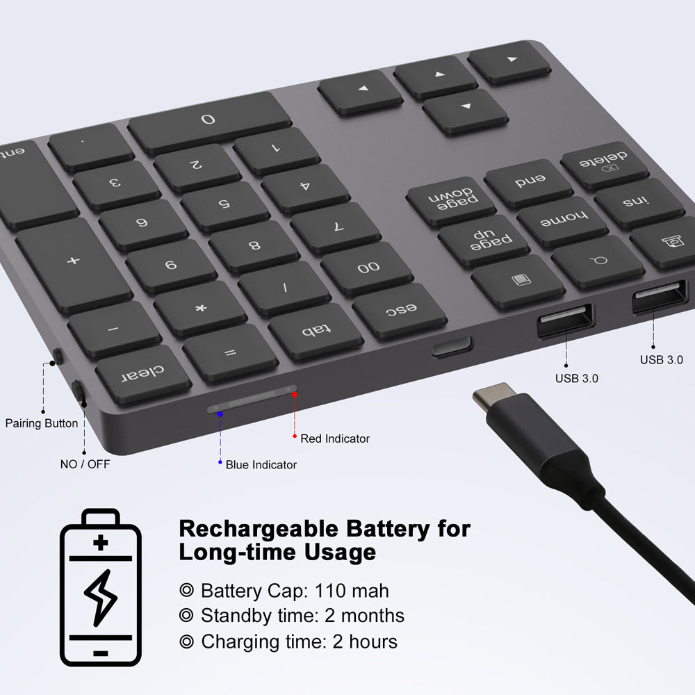 Aluminum Alloy Bluetooth Wireless Numeric Keypad with USB HUB Digital Input Function for Windows; Mac OS; Android laptop PC