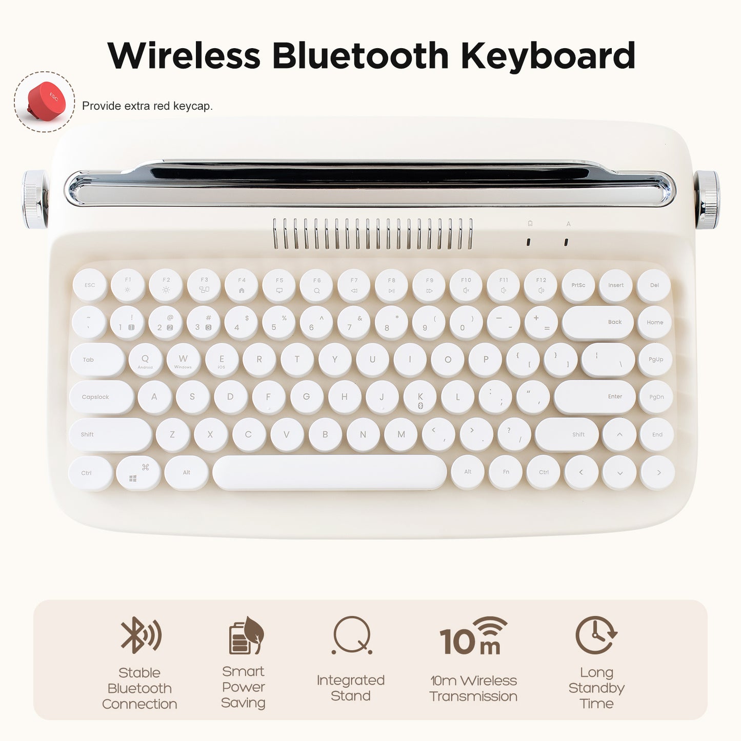 YUNZII ACTTO B303 Wireless Keyboard, Retro Bluetooth Aesthetic Typewriter Style Keyboard with Integrated Stand for Multi-Device