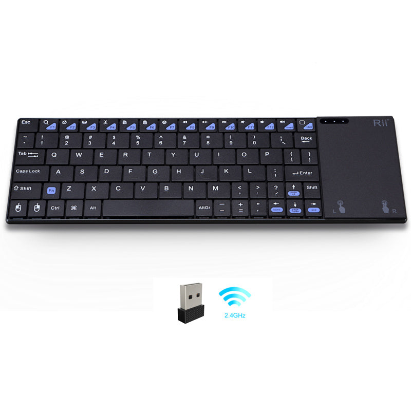 Rii K12+ Mini Wireless Keyboard with Large Touchpad Mouse&Qwerty Keypad, Stainless Steel Portable Wireless Keyboard with USB Receiver for MacBook/iPad/Tablet/PC/Laptop/Smart TV/Raspberry Pi - Black