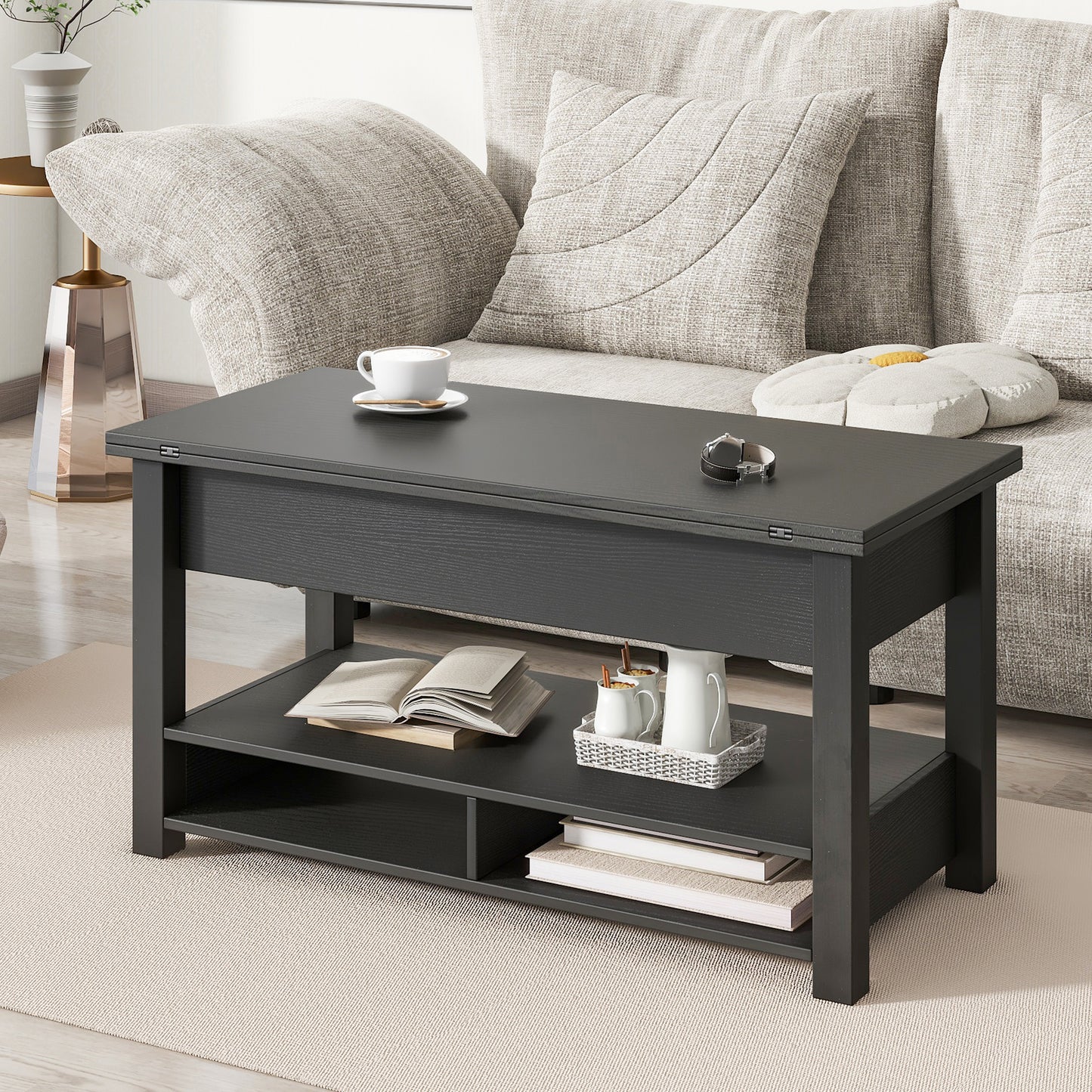 [VIDEO provided] ON-TREND Lift Top Coffee Table, Multi-Functional Coffee Table with Open Shelves, Modern Lift Tabletop Dining Table for Living Room, Home Office, Black