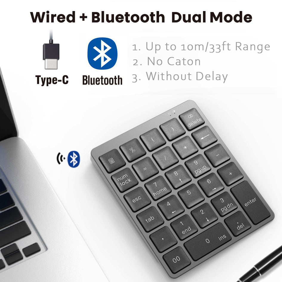 Aluminum Alloy 28 Keys Bluetooth Wireless Numeric Keypad with USB HUB More Function Keys Mini Numpad for Accounting tasks