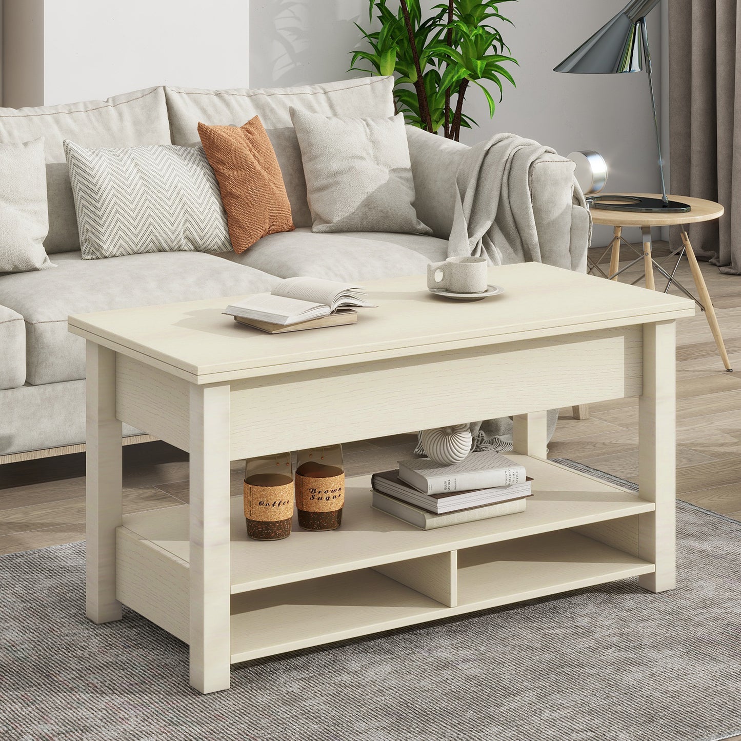 [VIDEO provided] ON-TREND Lift Top Coffee Table, Multi-Functional Coffee Table with Open Shelves, Modern Lift Tabletop Dining Table for Living Room, Home Office, Rustic Ivory