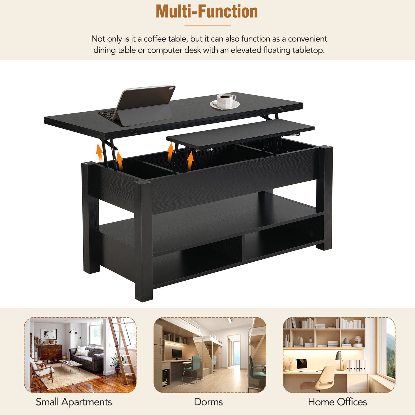 [VIDEO provided] ON-TREND Lift Top Coffee Table, Multi-Functional Coffee Table with Open Shelves, Modern Lift Tabletop Dining Table for Living Room, Home Office, Black