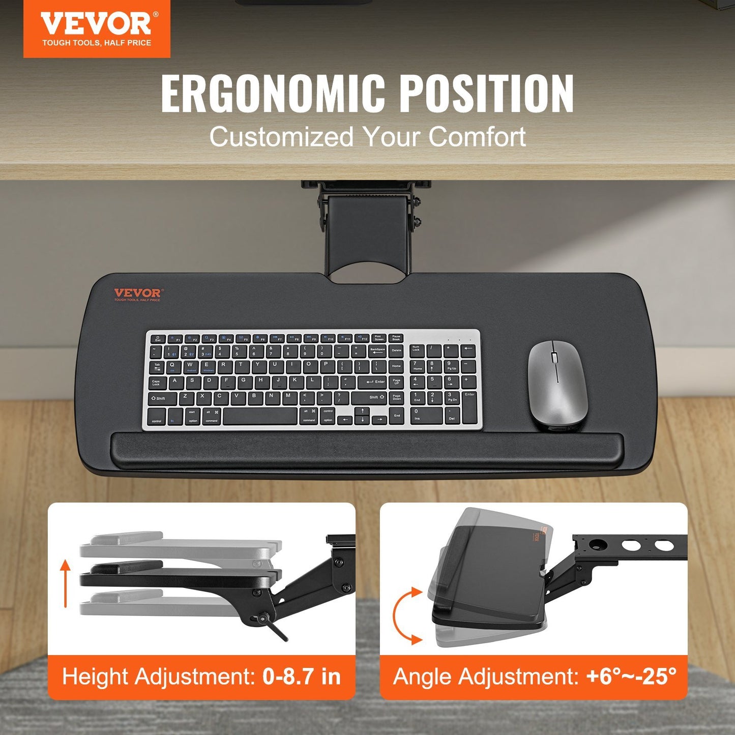 VEVOR Keyboard Tray Under Desk, Height and Angle Adjustable Ergonomic Keyboard/Mouse Tray Under Desk, Large 25x9.8 inch Slide-out Computer Drawer for Typing in Home, Office Work