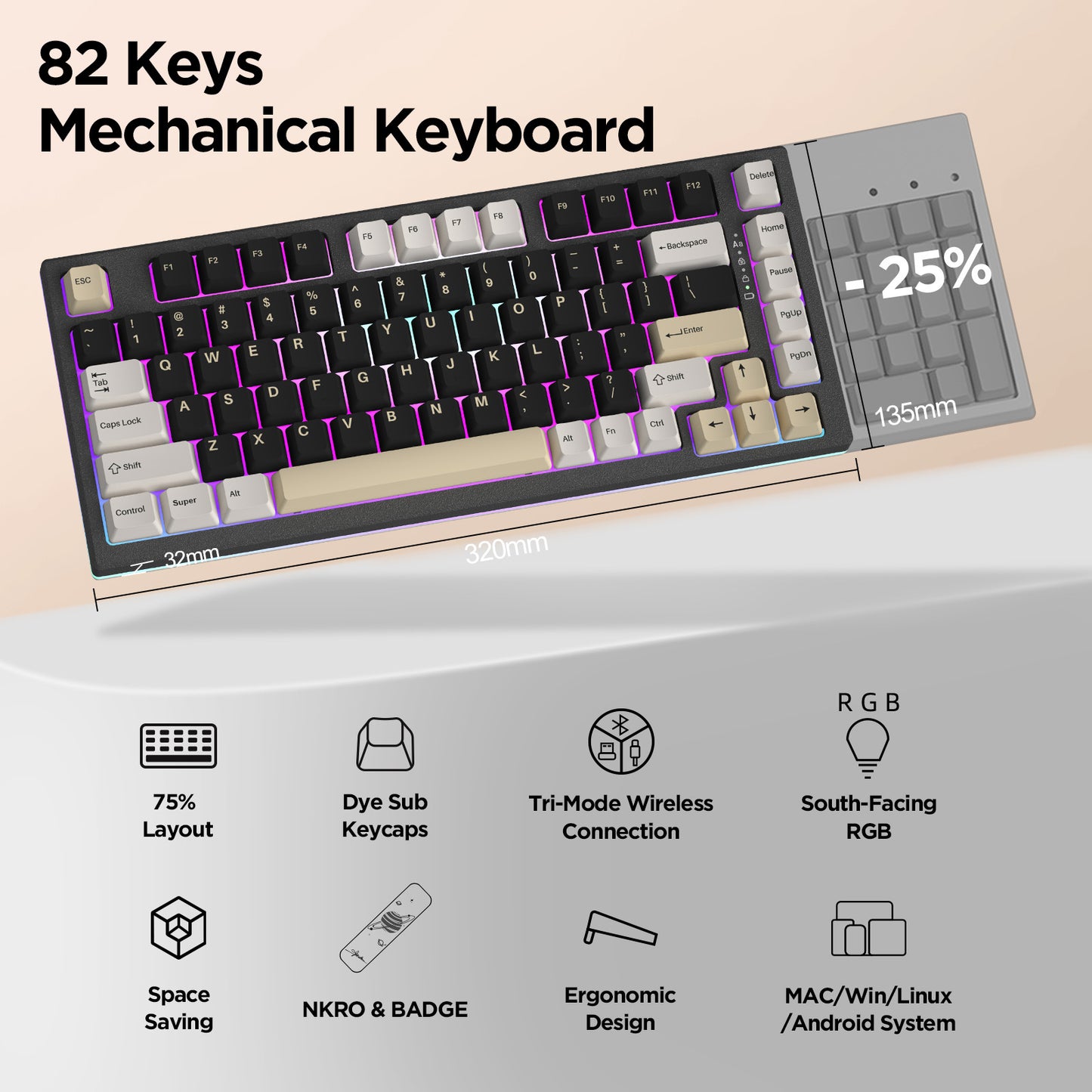 YUNZII YZ75 75% Hot Swappable Wireless Gaming Mechanical Keyboard, RGB Backlights, BT5.0/2.4G/USB-C, Dye Sub PBT Keycaps for Linux/Win/Mac