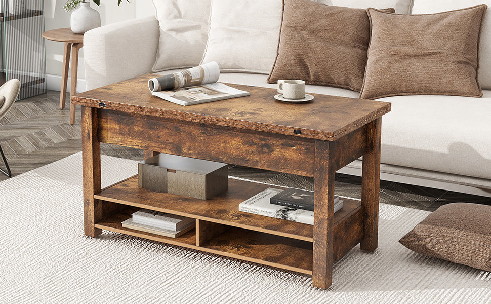 [VIDEO provided] ON-TREND Lift Top Coffee Table, Multi-Functional Coffee Table with Open Shelves, Modern Lift Tabletop Dining Table for Living Room, Home Office, Rustic Brown