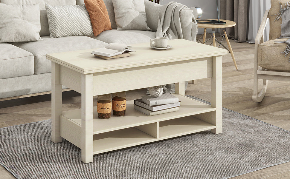 [VIDEO provided] ON-TREND Lift Top Coffee Table, Multi-Functional Coffee Table with Open Shelves, Modern Lift Tabletop Dining Table for Living Room, Home Office, Rustic Ivory