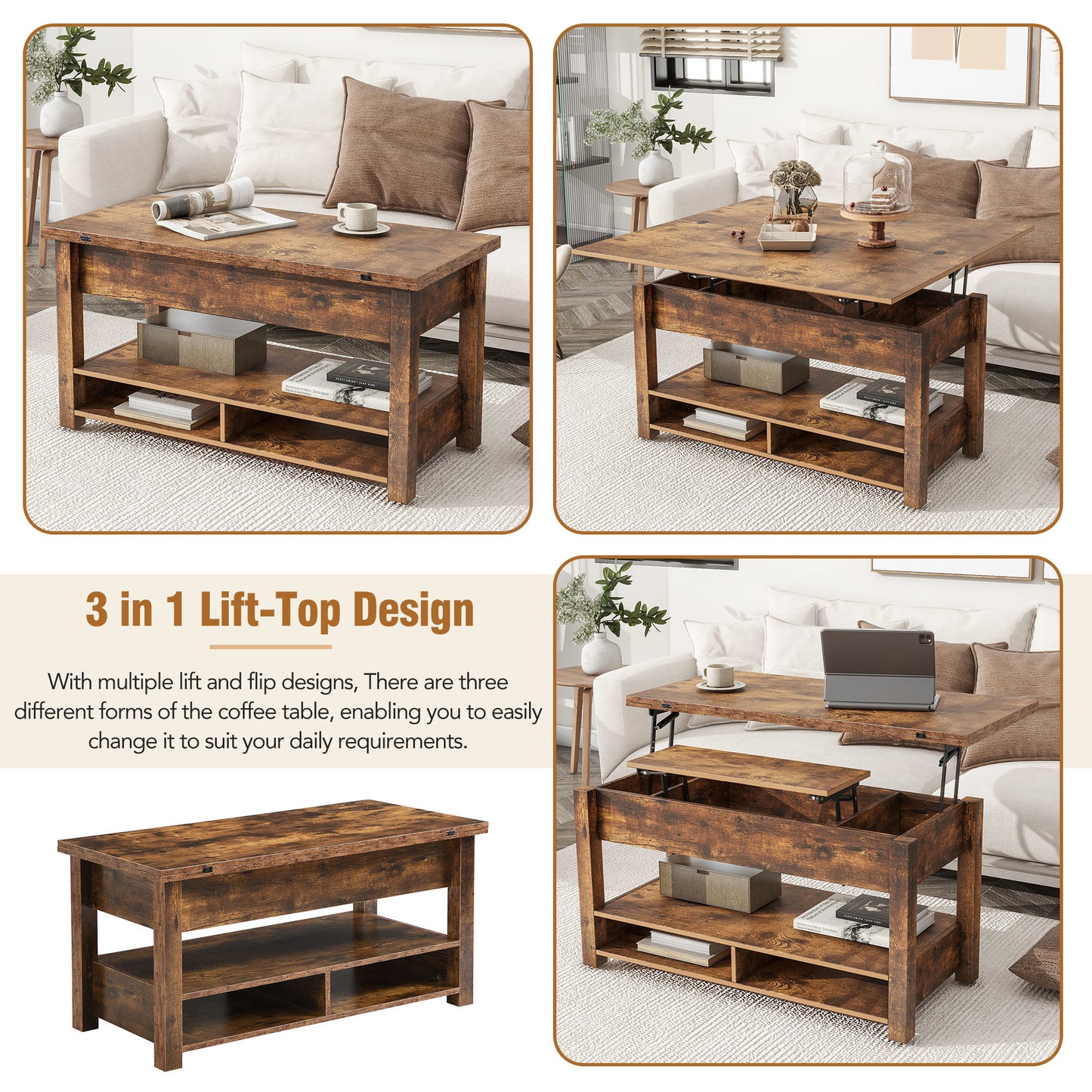 [VIDEO provided] ON-TREND Lift Top Coffee Table, Multi-Functional Coffee Table with Open Shelves, Modern Lift Tabletop Dining Table for Living Room, Home Office, Rustic Brown