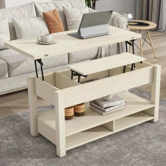 [VIDEO provided] ON-TREND Lift Top Coffee Table, Multi-Functional Coffee Table with Open Shelves, Modern Lift Tabletop Dining Table for Living Room, Home Office, Rustic Ivory