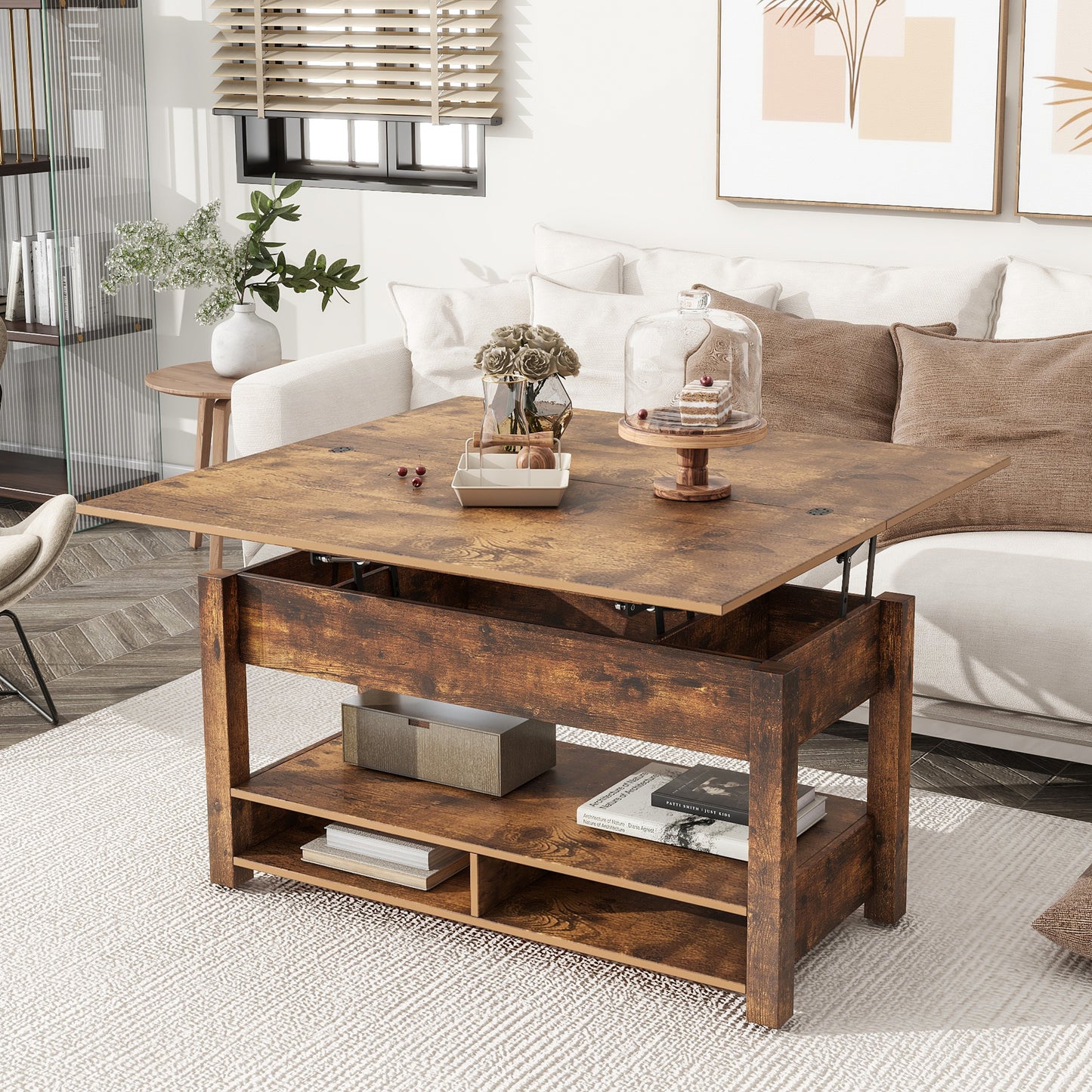 [VIDEO provided] ON-TREND Lift Top Coffee Table, Multi-Functional Coffee Table with Open Shelves, Modern Lift Tabletop Dining Table for Living Room, Home Office, Rustic Brown