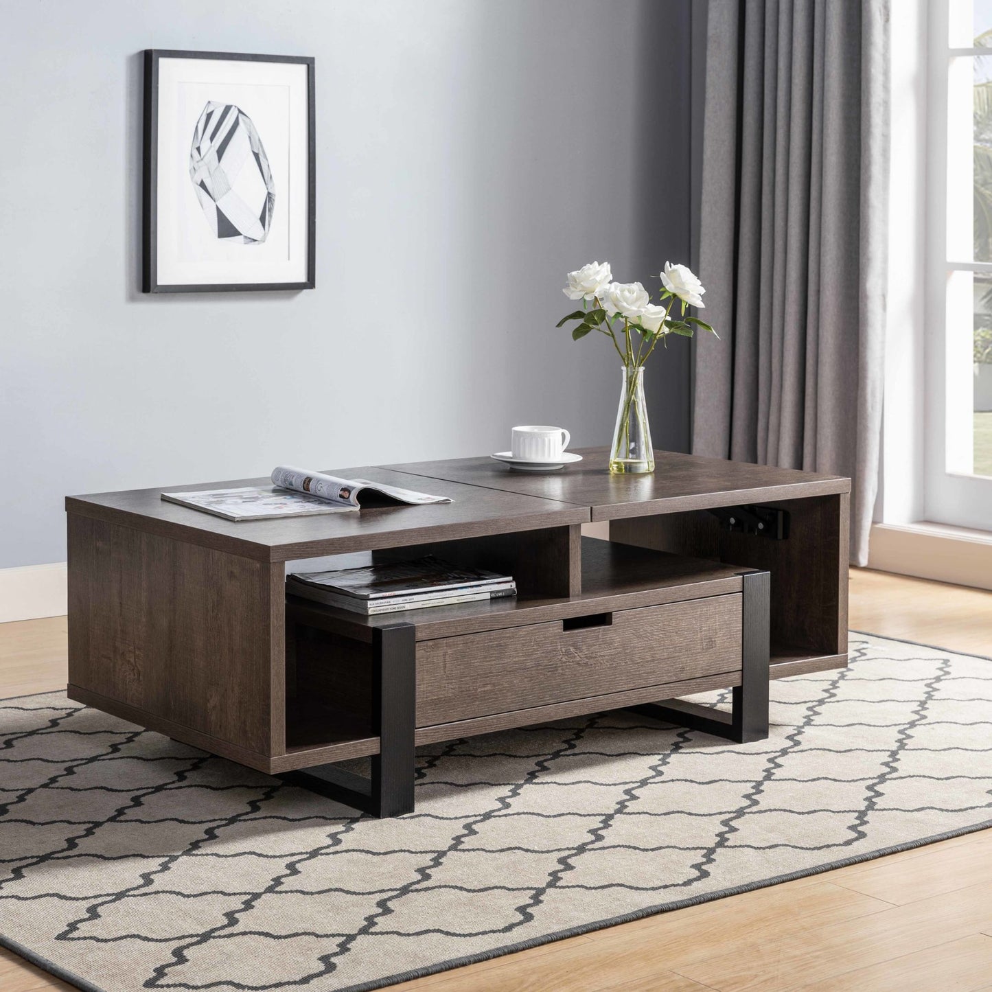 Contemporary Coffee Table with Drawer and Lift Top Table Top - Dark Brown