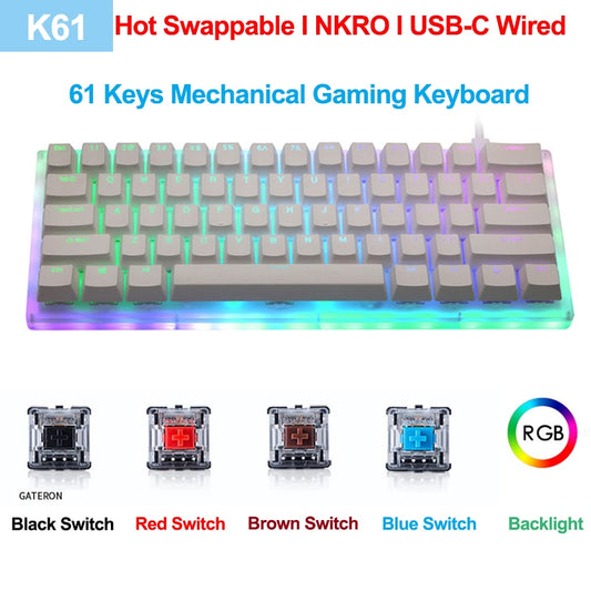 K61 61 Keys Mechanical Gaming Keyboard Gateron Switch Hot Swappable USB-C Wired RGB Backlight Translucent Glass Base ABS Keycap