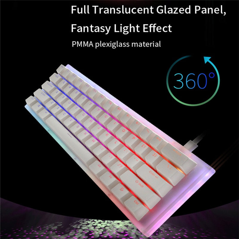 K61 61 Keys Mechanical Gaming Keyboard Gateron Switch Hot Swappable USB-C Wired RGB Backlight Translucent Glass Base ABS Keycap