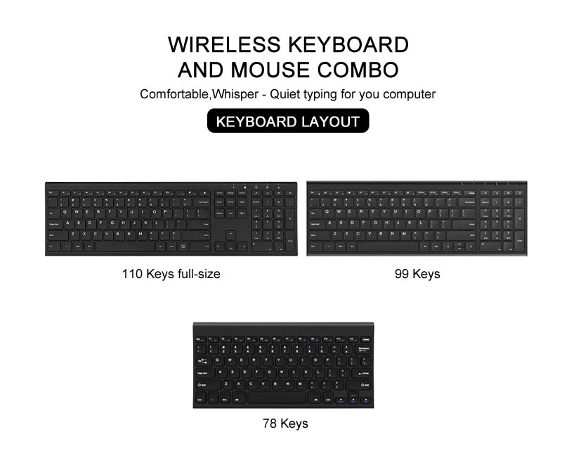 Slim Keyboard Mouse Combo 2.4 Ghz Connected , Rechargeable and Ergonomic Design  Full Size 110 Keys Metal Quality