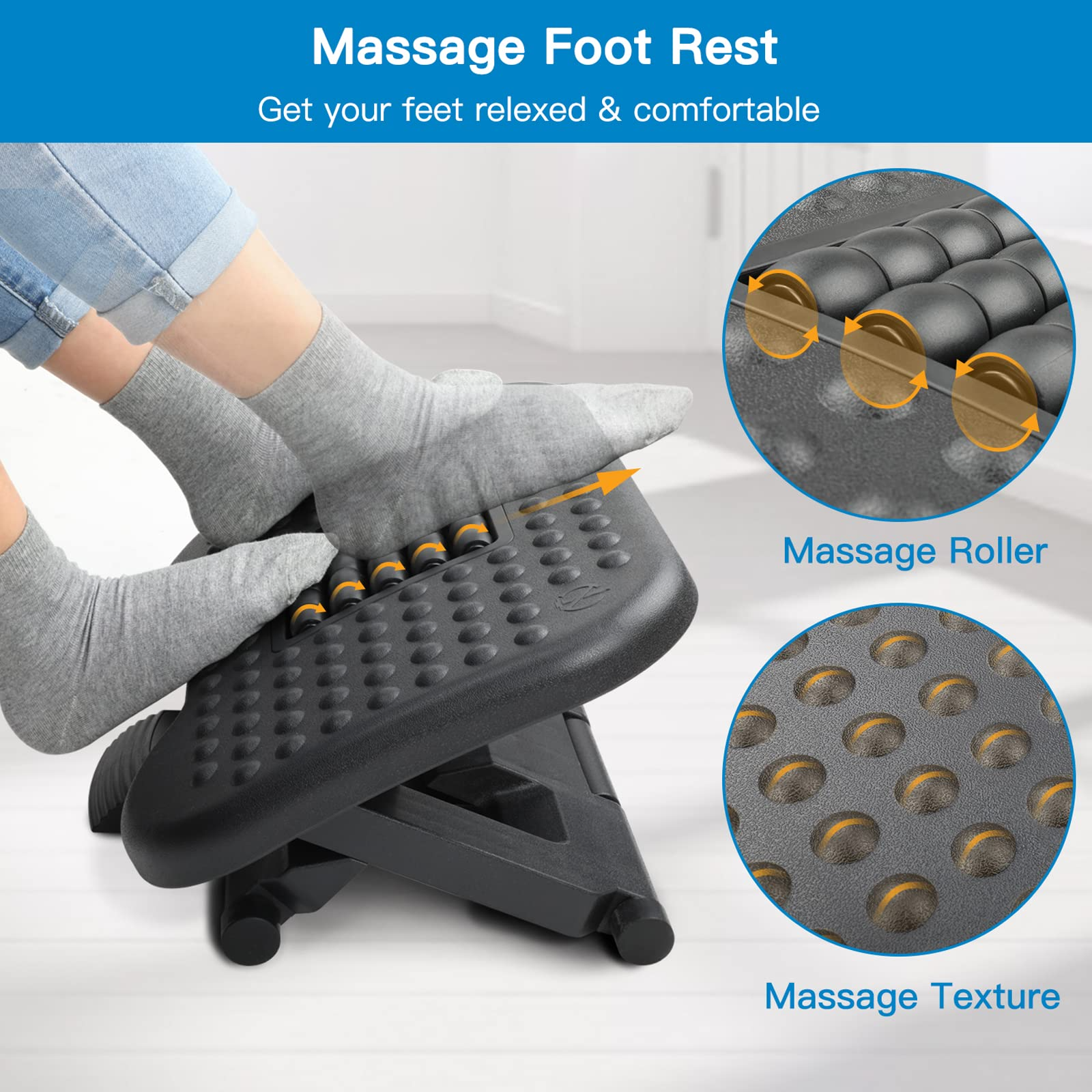 Under Desk Foot Rest, Black Ergonomic Footrest with Adjustable Height and  Massage Rollers for Home Office Work Comfort Pressure Relief 