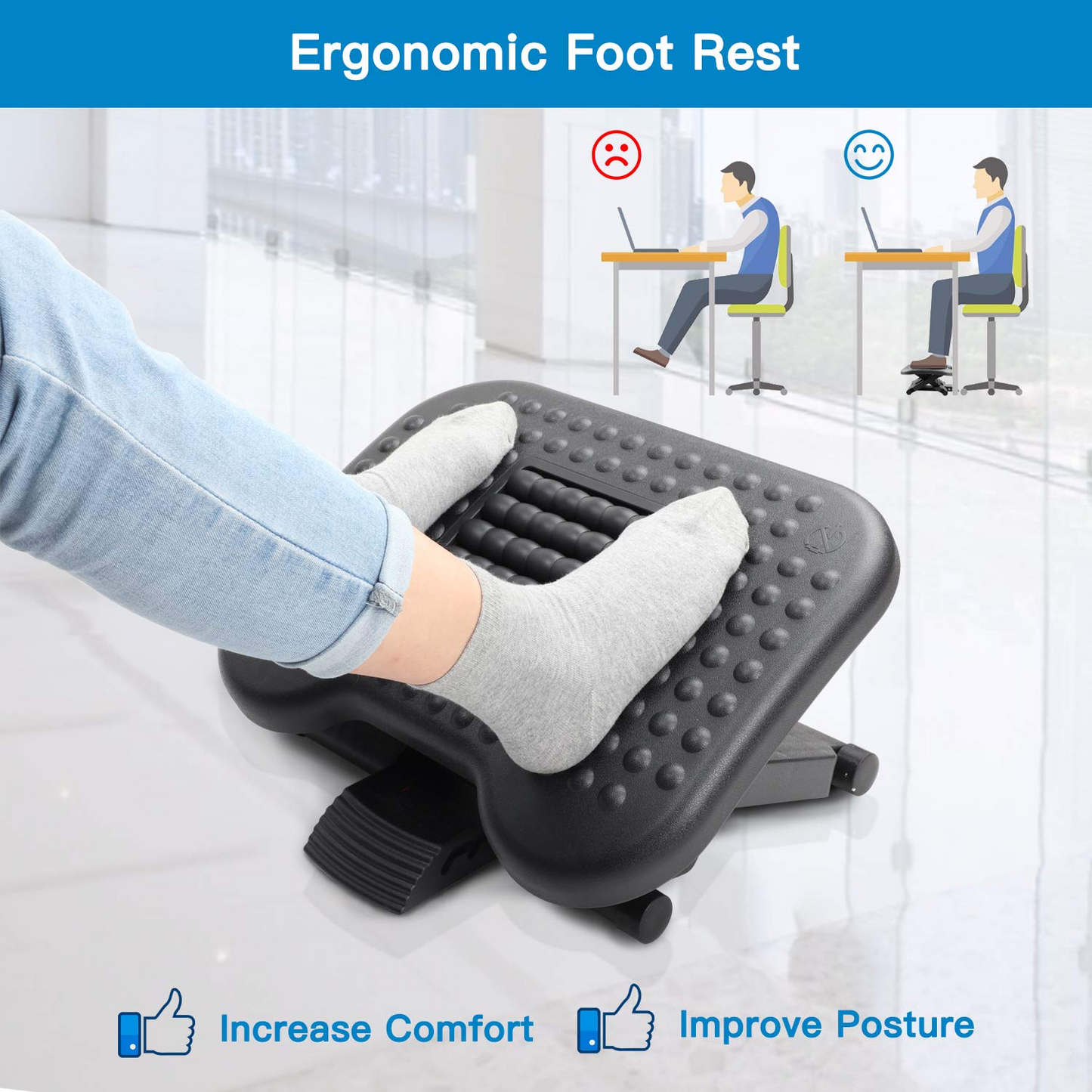 Height Adjustable Footrest Under Desk Ergonomic Comfort Home